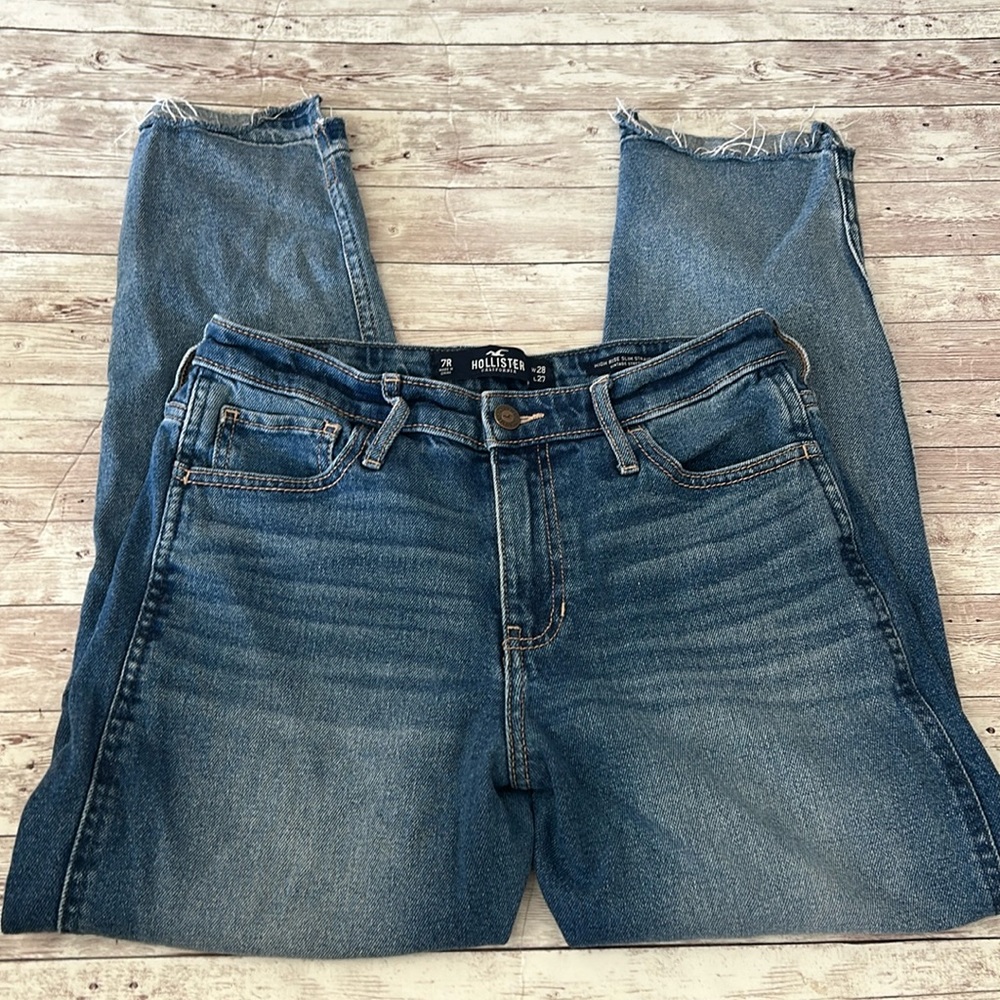 Hollister Medium Wash High Rise Slim Straight Distressed Ripped Knees Jeans